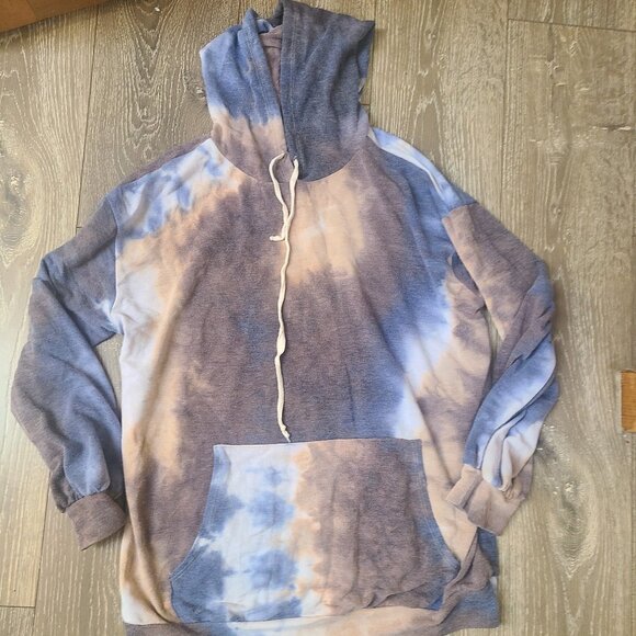 First Love Boutique Tie Dye Hoodie Kangaroo Pocket Brown Cream and Blue Colors - Picture 1 of 6